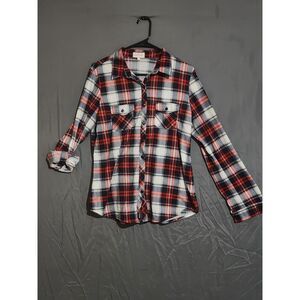 Urban Girl Plaid Flannel Button Down Shirt Red Black White Long Sleeve XL